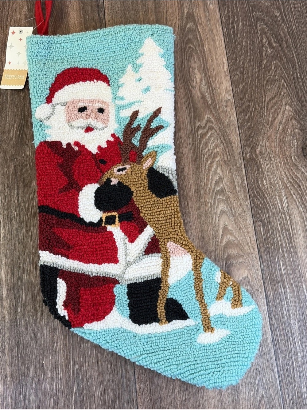Macy's Holiday Lane Santa & Reindeer Hooked Wool Christmas Stocking 19"